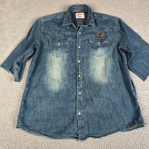 Joe Browns Shirt Mens XL Blue Pearl Snap Denim Cotton SHORT SLEEVE Rockabilly